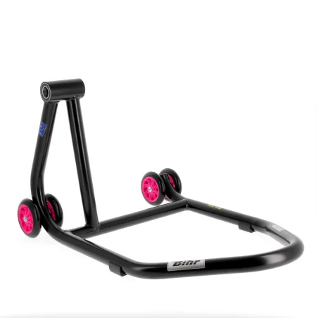 Caballete monobrazo izquierdo BIHR Home Track color negro mate y ruedas rosas. REF 3032146