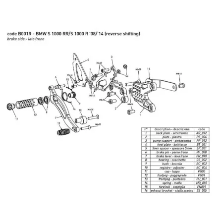 Estriberas BONAMICI RACING para BMW S1000RR - HP4 2008-2014 / S1000R 2012-2016 cambio INVERTIDO