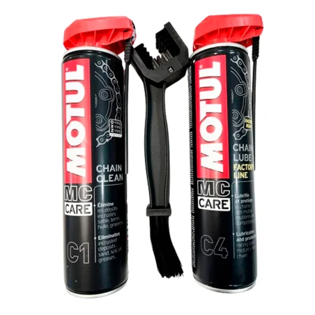 Kit Limpia Cadena y Engrase MOTUL MC Care C1 + C4 + cepillo Factory Line 400nl